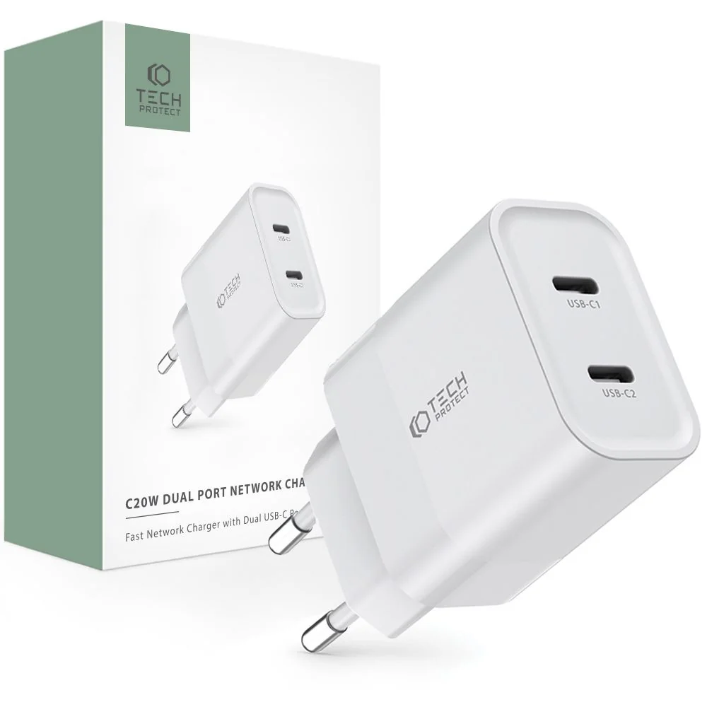 Tech-Protect C20W sieťová nabíjačka 2x USB-C 20W PD, biela