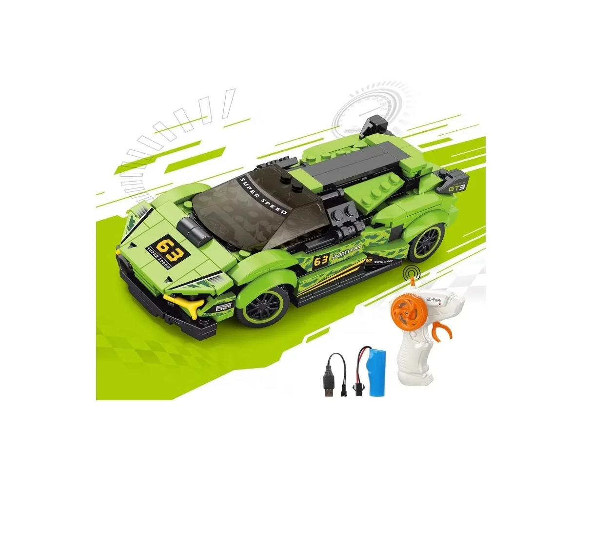Auto RC športové zelené stavebnica 17cm 223 dielikov