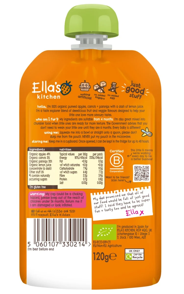 Ella's Kitchen BIO Mrkva, jablko a paštrnák 1×120 g, detská výživa
