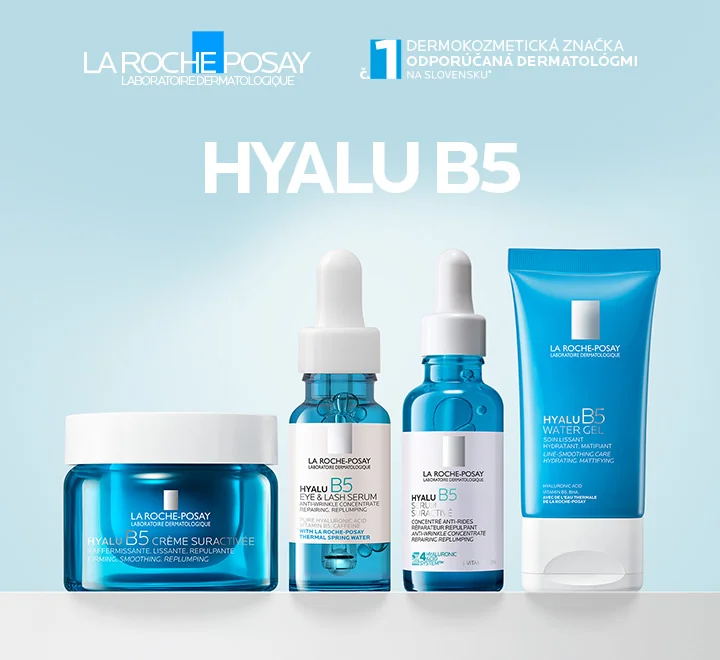 Banner propagujúci hydratačný rad pleťovej kozmetiky Hyalu B5 od značky La Roche-Posay. Zobrazuje produkty proti vráskam s kyselinou hyalurónovou (krém, pleťové a očné sérum, gél). Banner propagujúci hydratačný rad pleťovej kozmetiky Hyalu B5 od značky La Roche-Posay. Zobrazuje produkty proti vráskam s kyselinou hyalurónovou (krém, pleťové a očné sérum, gél).