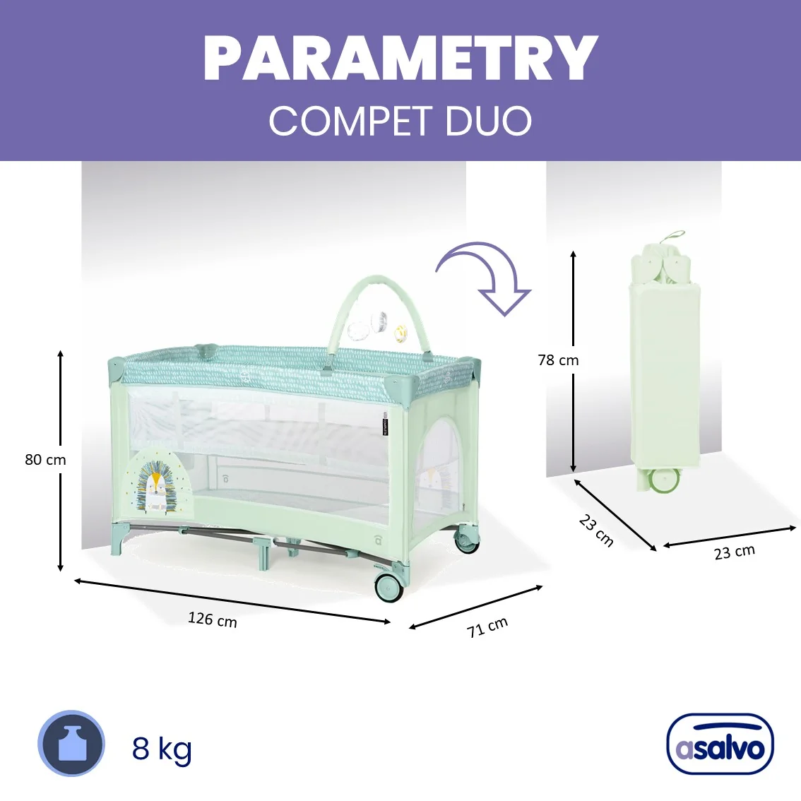 Asalvo Complet Duo cestovná postieľka Ježko, závesné lôžko, hrací oblúk