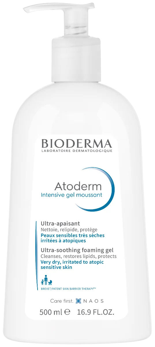 BIODERMA Atoderm Intensive gel moussant sprchový gél pre atopickú a suchú pokožku 1×500 ml, upokojujúci sprchový gél pre atopickú a suchú pokožku
