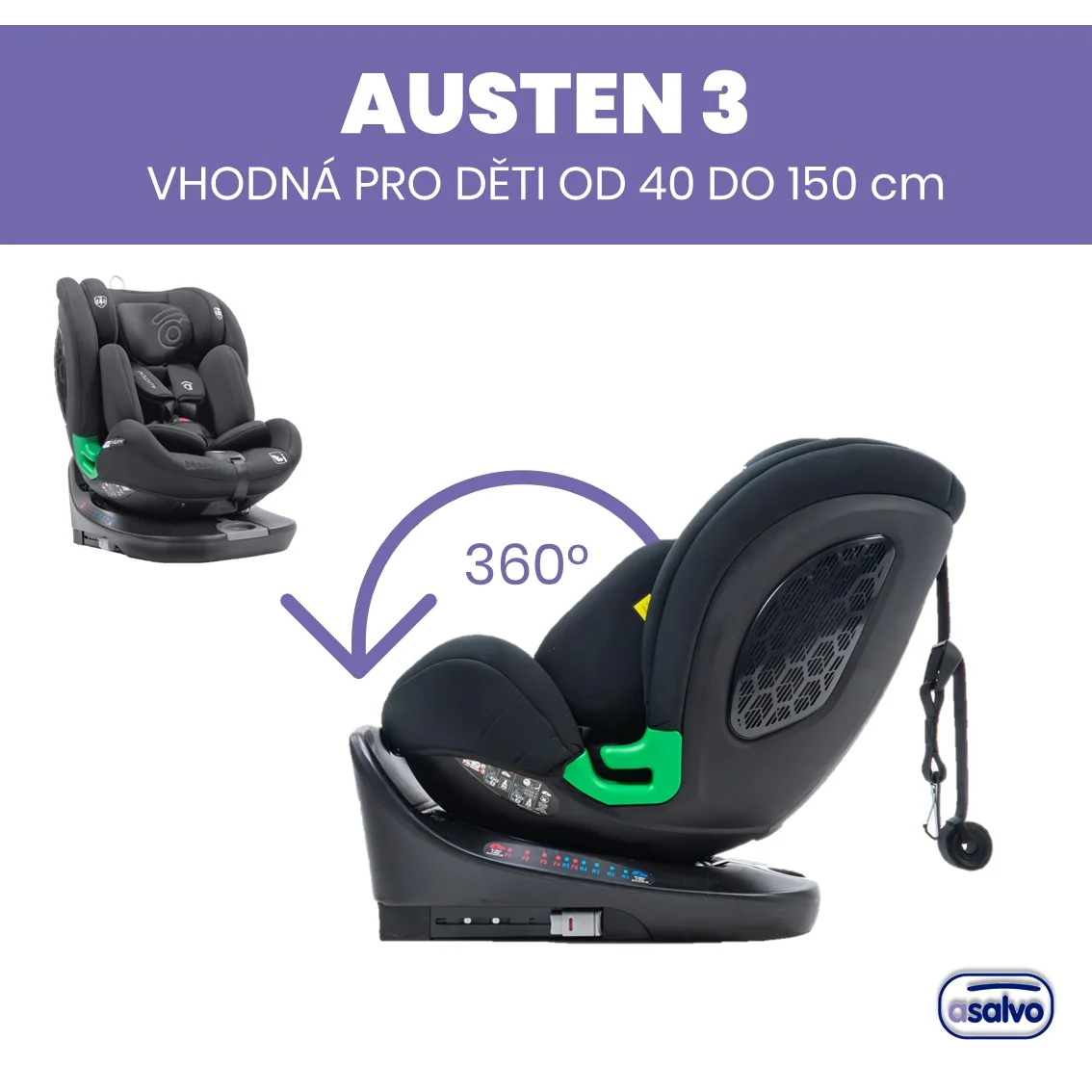Asalvo Austen 3 autosedačka i-Size 40–150 cm, otočná 360°, sivá
