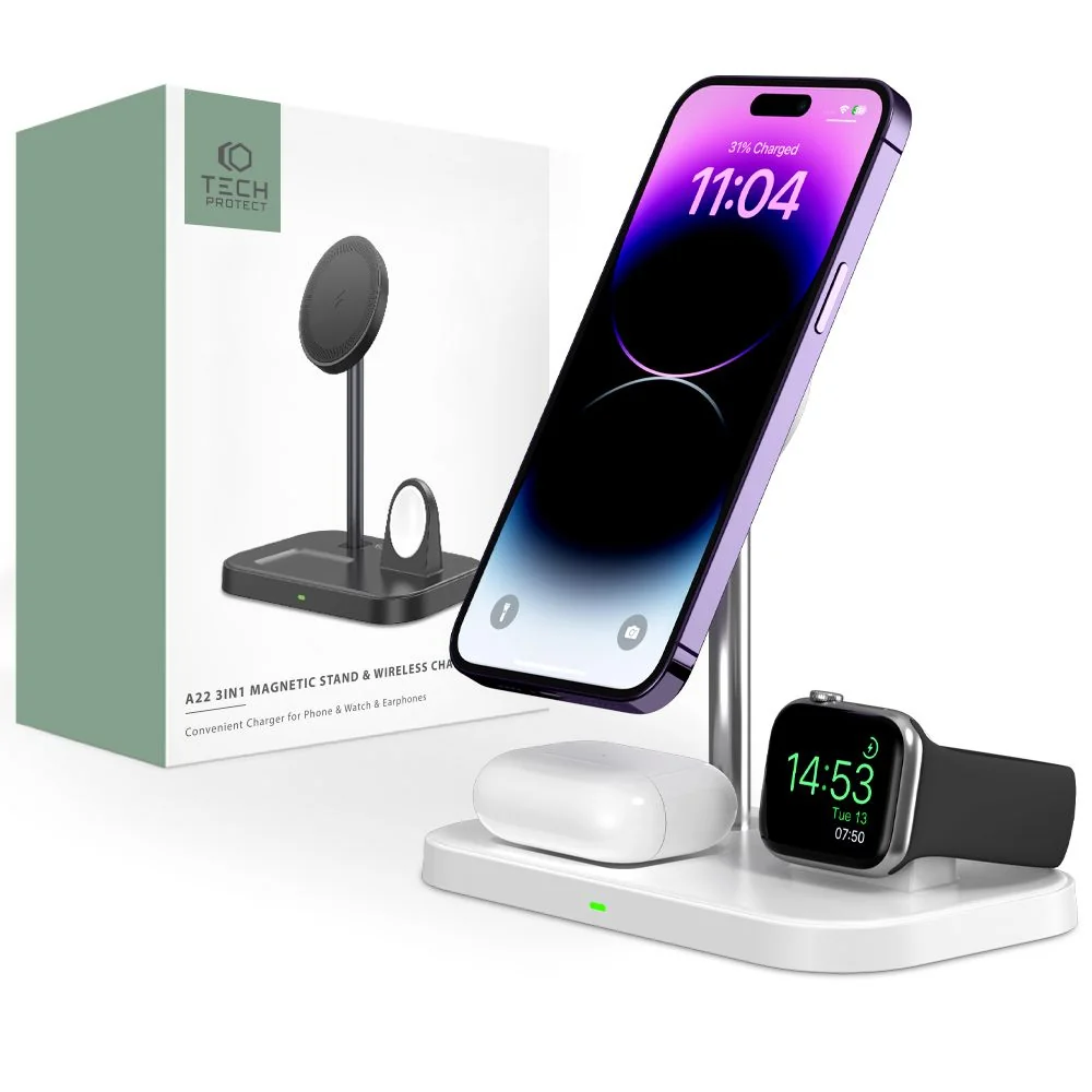 Tech-Protect A22 3in1 bezdrôtová nabíjačka na mobil / AirPods / Apple Watch, biela Watch, biela