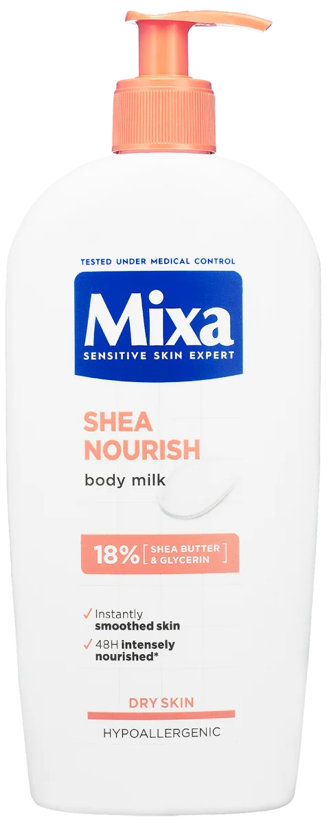 Mixa Shea Nourish vyživujúce telové mlieko s bambuckým maslom na veľmi suchú pokožku 1×400 ml, intenzíve vyživujúce telové mlieko