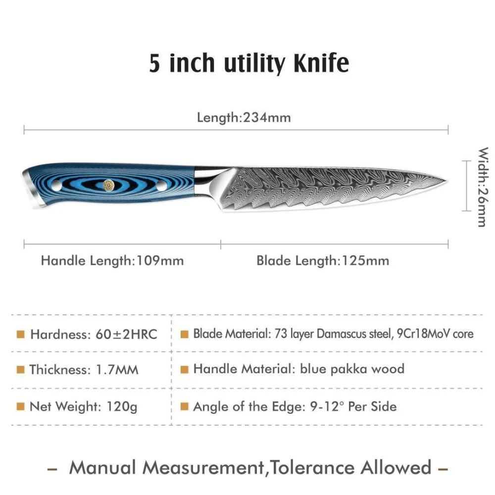 Damaškový kuchynský nôž Tukami-Santoku/Modrá 31,3 cm, 232 g