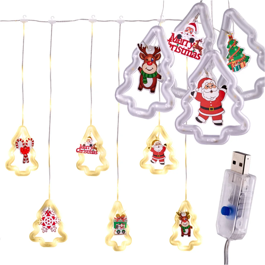 LED záclona s vianočnými obrázkami v stromčekoch – 3 m, USB, 8 režimov, časovač, IP44