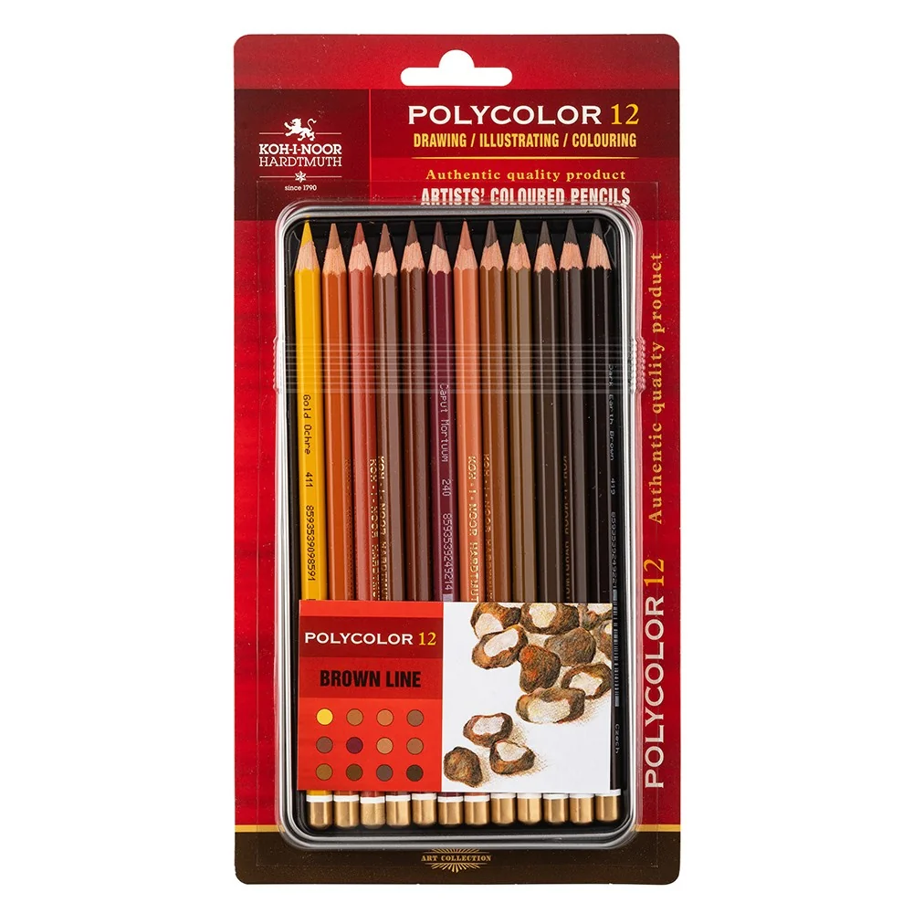 Umelecké pastelky POLYCOLOR 3822/12, hnedé, plech 12 ks v balení