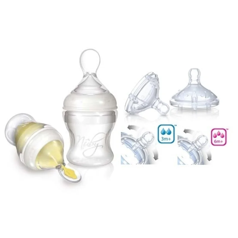 NUBY Infafeeder súprava: silikónová fľaša s lyžičkou 150 ml + cumlíky na fľašu