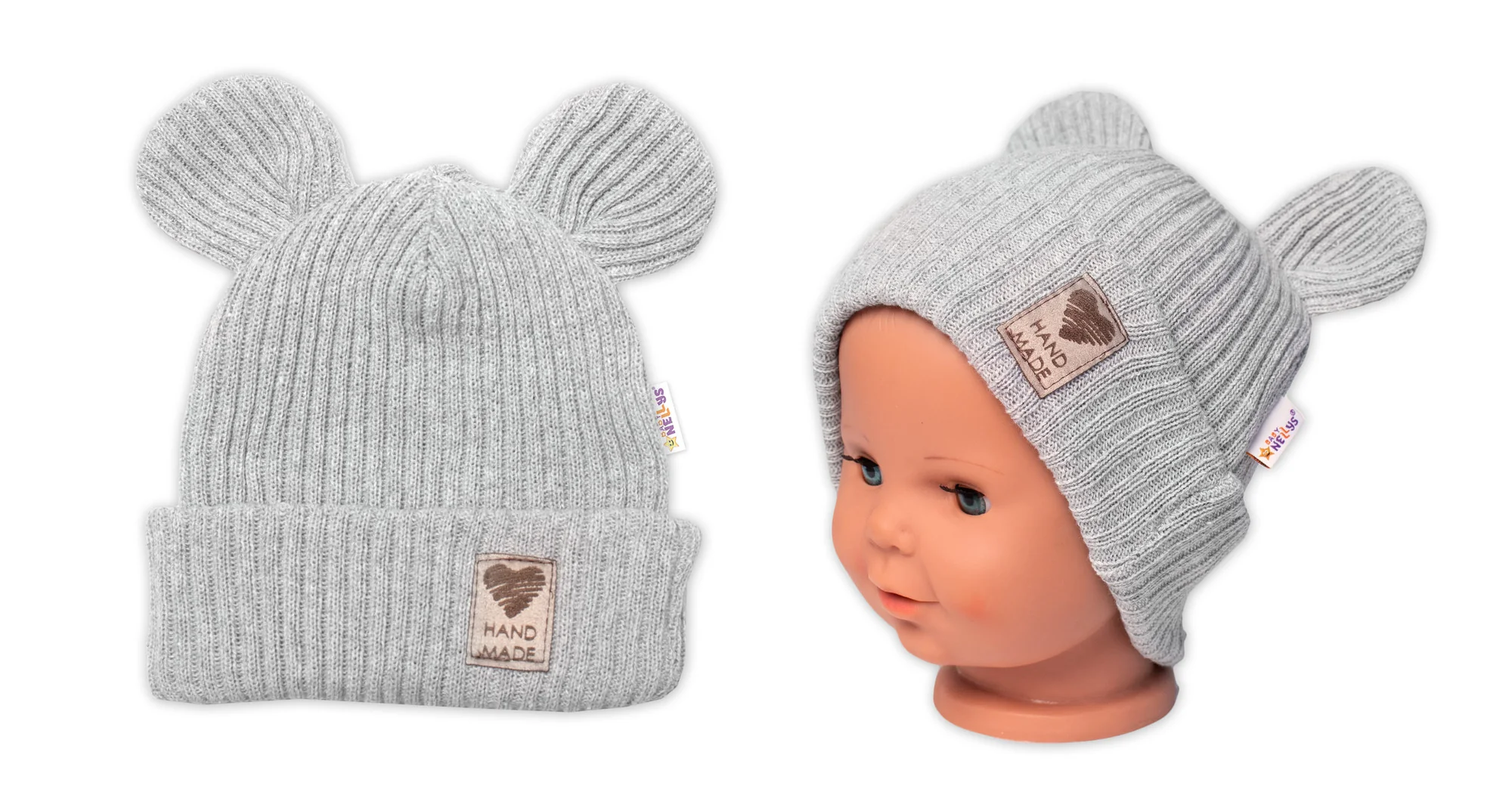 Pletená bavlněná čiapka s uškami, dvojvrstvová, Hand Made Baby Nellys, šedá