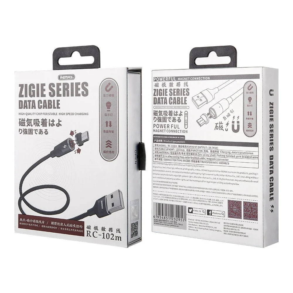 Remax Zigie magnetický kábel USB / Micro USB 3A 1.2m, čierny