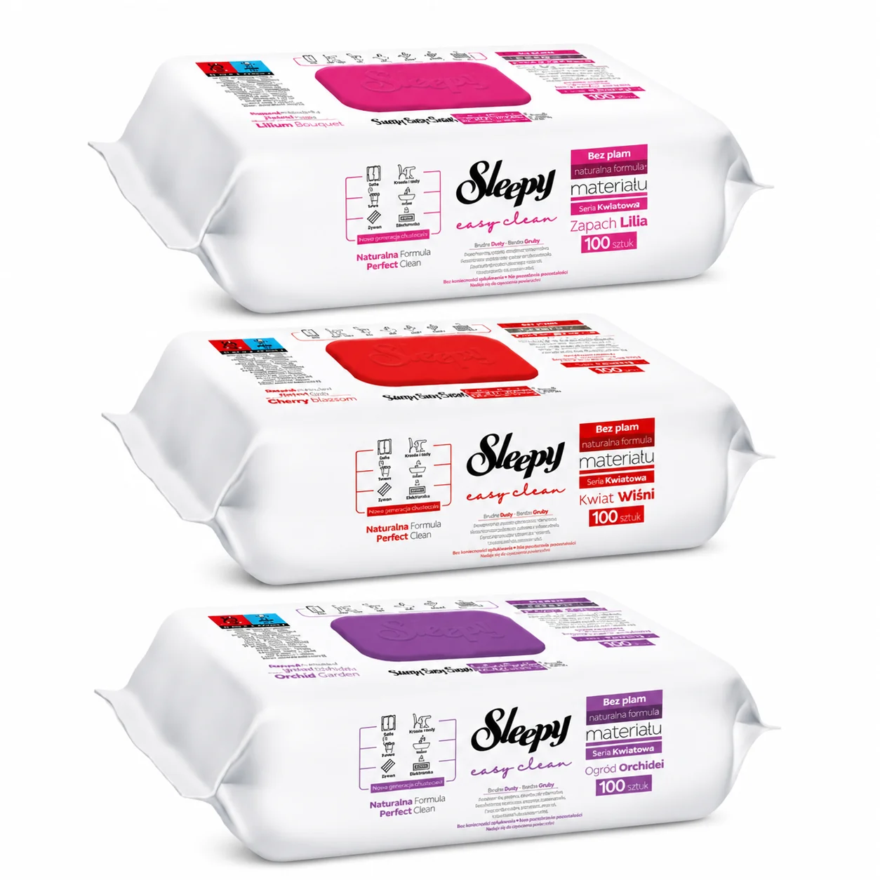Sleepy Easy Clean vlhčené obrúsky na čistenie povrchov mix čerešňa, ľalia, orchidea 300 ks (3x100 ks)
