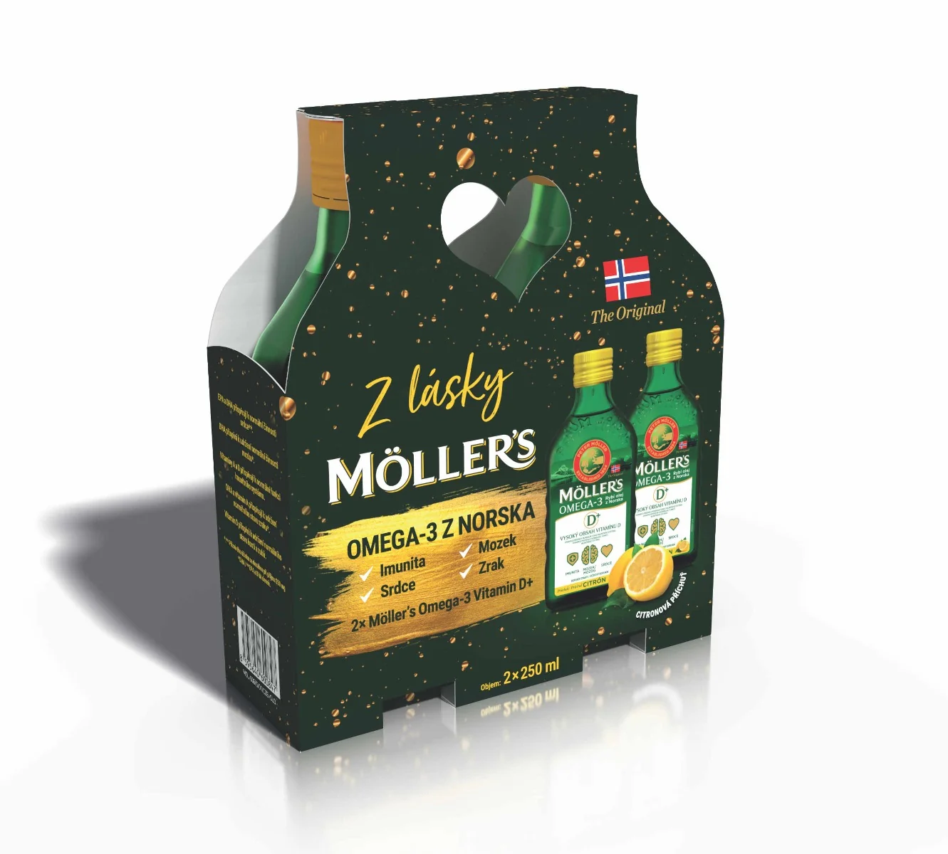 Darčekové balenie Möller´s Omega-3 Rybí olej D+ s citrónovou príchuťou 2×250 ml