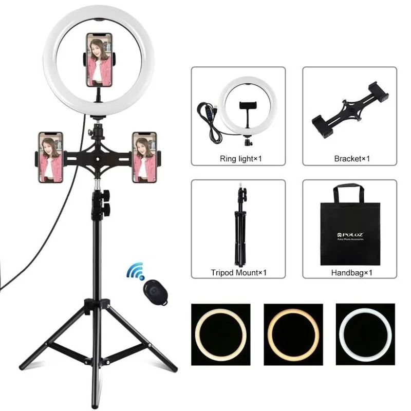 PULUZ Selfie Ring kruhové LED svetlo 10.2'' + vysoký statív, čierne