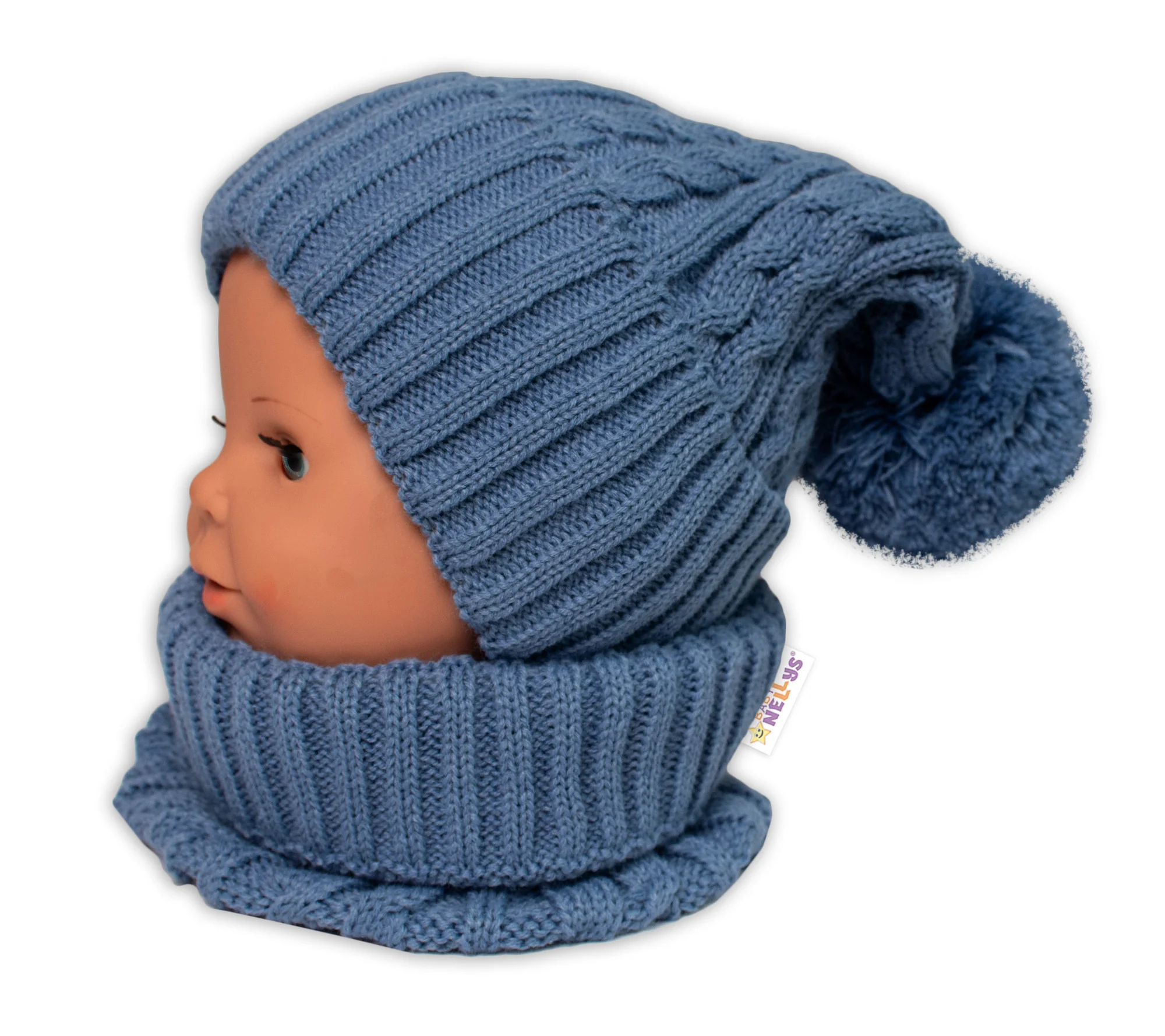 Pletená zimná čiapka s brmbolcom + komínček BABY NELLYS - modrá, jeans,veľ. 48-52cm