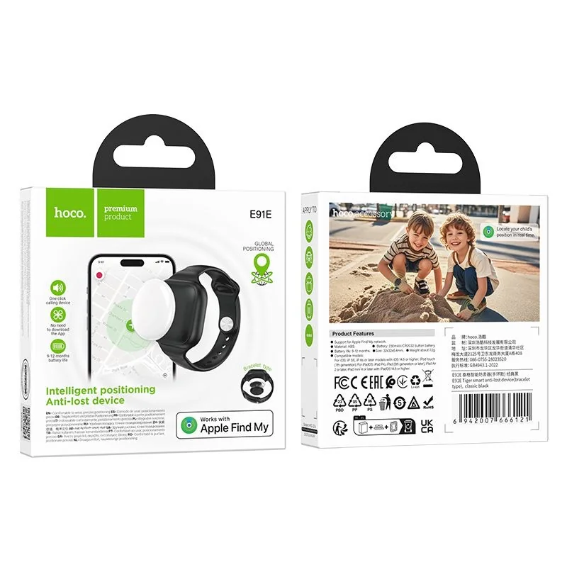 Hoco E91E detský lokalizačný náramok Apple FindMy, čierny