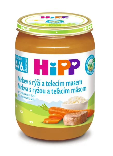 HiPP Príkrm BIO Mrkva s ryžou a teľacím mäsom 1×190 g, mäsozeleninový príkrm pre deti