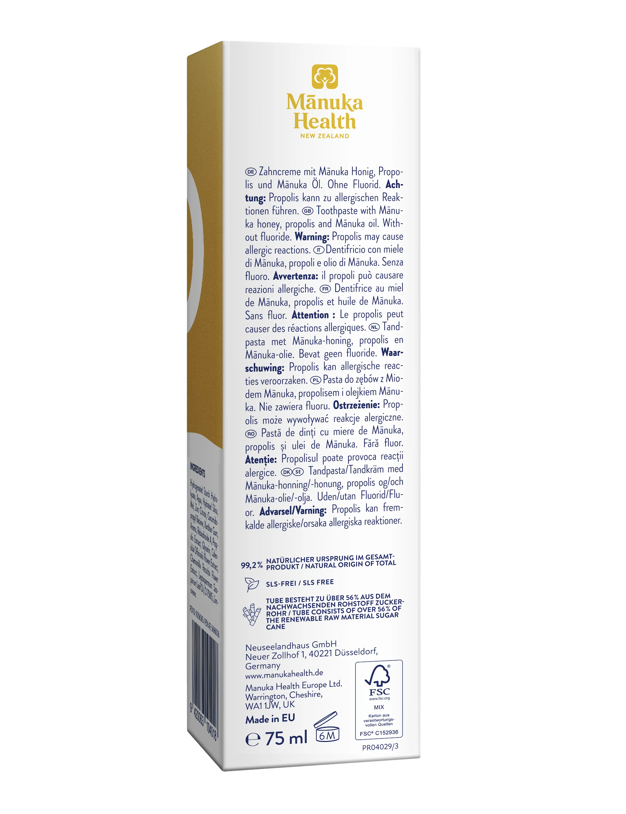 Manuka Zubná pasta MGO 400+ bez fluoridu s propolisom 75 ml