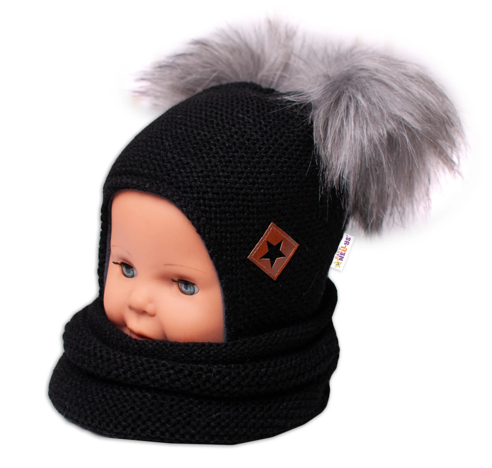 BABY NELLYS Zimná čiapka s fleecom a chlupáčka. bambuľky Star + komínok - čierna, 104/116