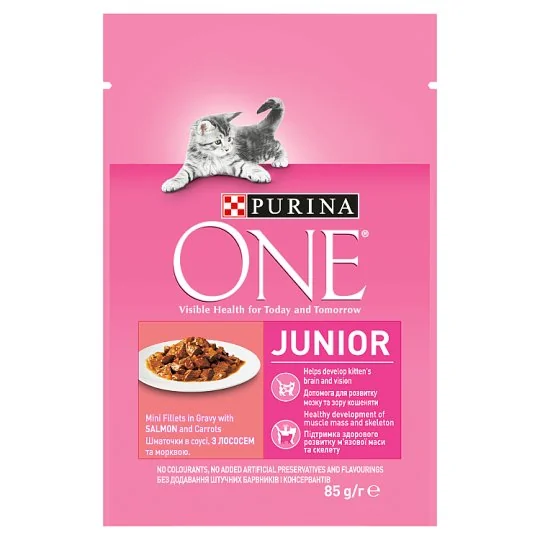 PURINA ONE Junior mini filetky s lososom a mrkvou v šťave 85g 1×85g, kapsička pre mačiatká