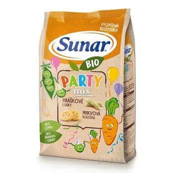 Sunar BIO Chrumky Party mix 1×45 g, hráškové struky a mrkvové kolieska, 12m+