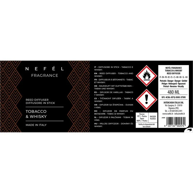 Fragrance Waves tyčinkový difúzor 480ml vôňa Tobacco & Whisky