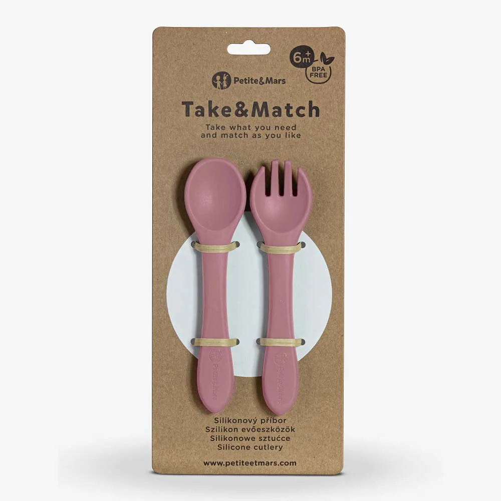 PETITE&MARS Príbor silikónový TAKE&MATCH Dusty Rose 6m+ 1×1 ks, silikónový príbor