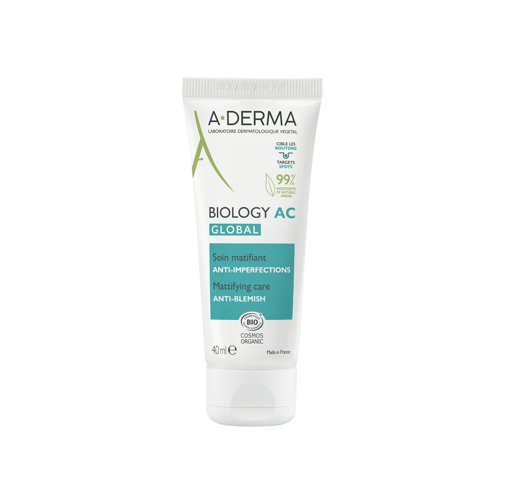 A-DERMA BIOLOGY AC GLOBAL Zmatňujúca starostlivosť proti nedokonalostiam pleti 1× 40 ml, pleťoví krém na aknóznu pleť