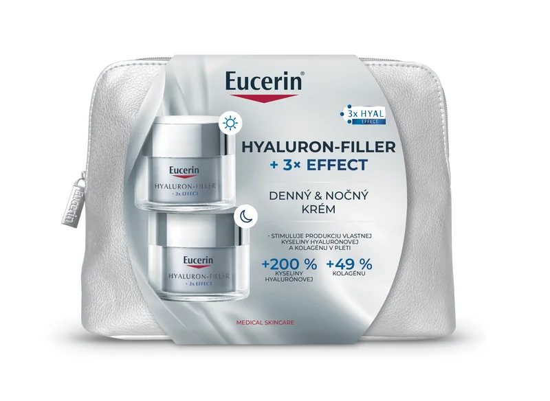 Eucerin Vianočná taštička HYALURON-FILLER + 3x EFFECT Denný krém + Nočný krém 1×1 set, darčekové balenie