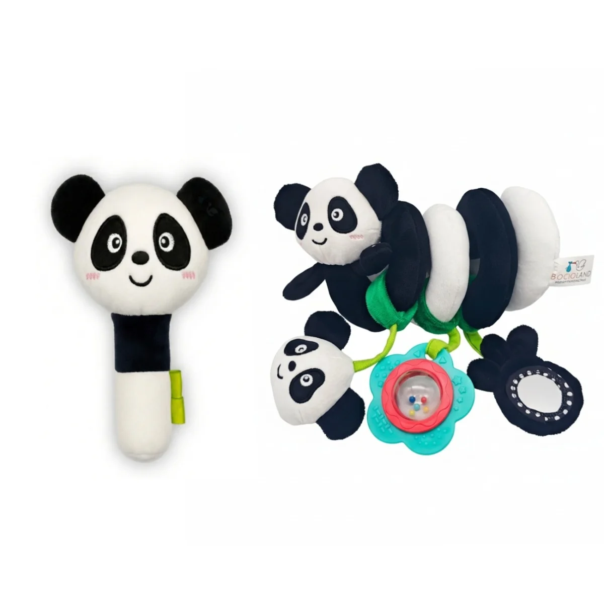 Plyšová senzorická špirála + plyšové pískatko Panda - čierna, biela