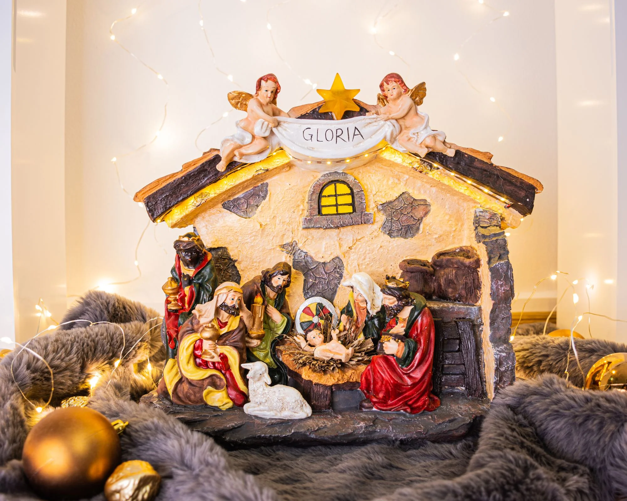MagicHome vianočný LED betlehem, 1 ks 21 LED teplá biela, 3xAA, interiér, 36x15x29 cm