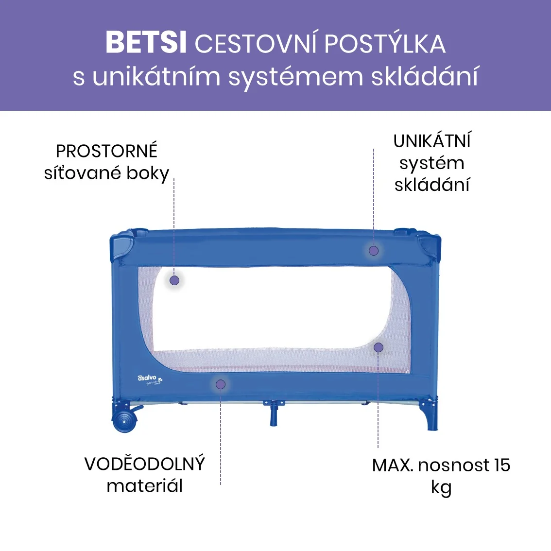 Asalvo BETSI cestovná postieľka, ultra rýchle skladanie, modrá