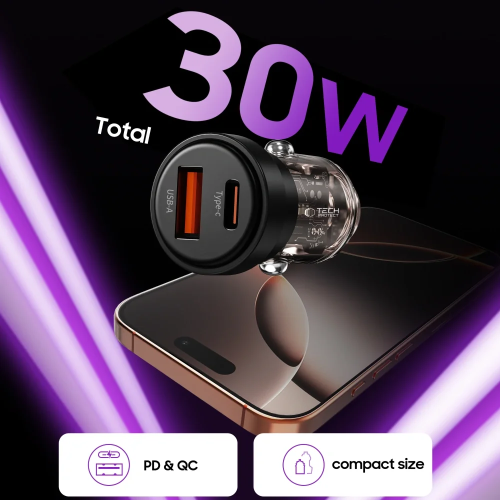 Tech-Protect CC03 autonabíjačka USB / USB-C 30W PD QC, čierna