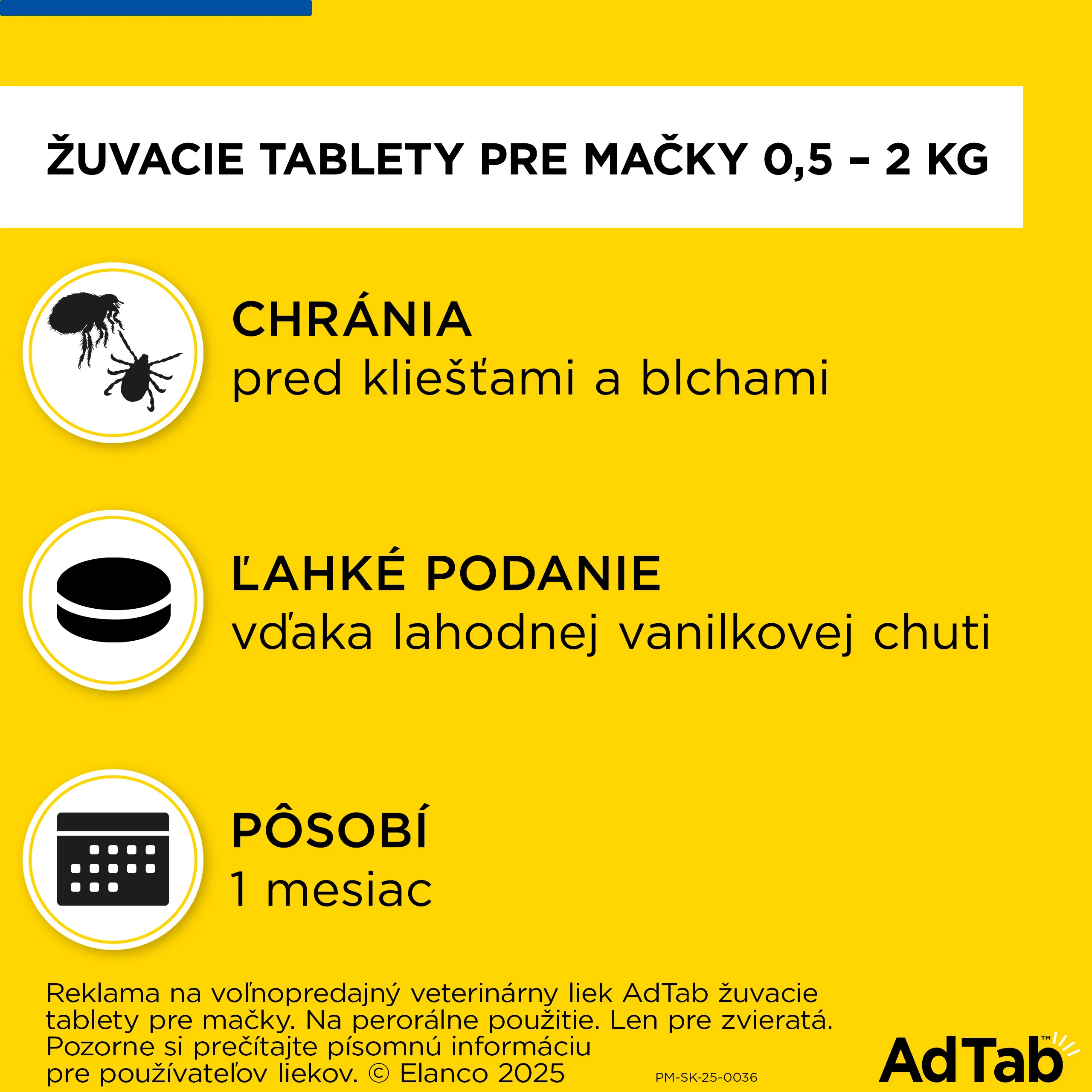 AdTab žuvacie tablety pre mačky 12 mg, hmotnosť mačky 0,5–2,0 kg 1 tbl