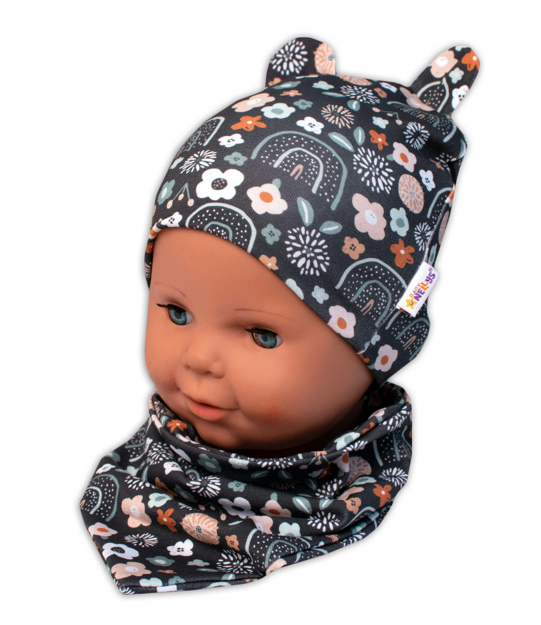 Baby Nellys Dvojvrstvová čiapka s uškami + šatka Palouček, grafit