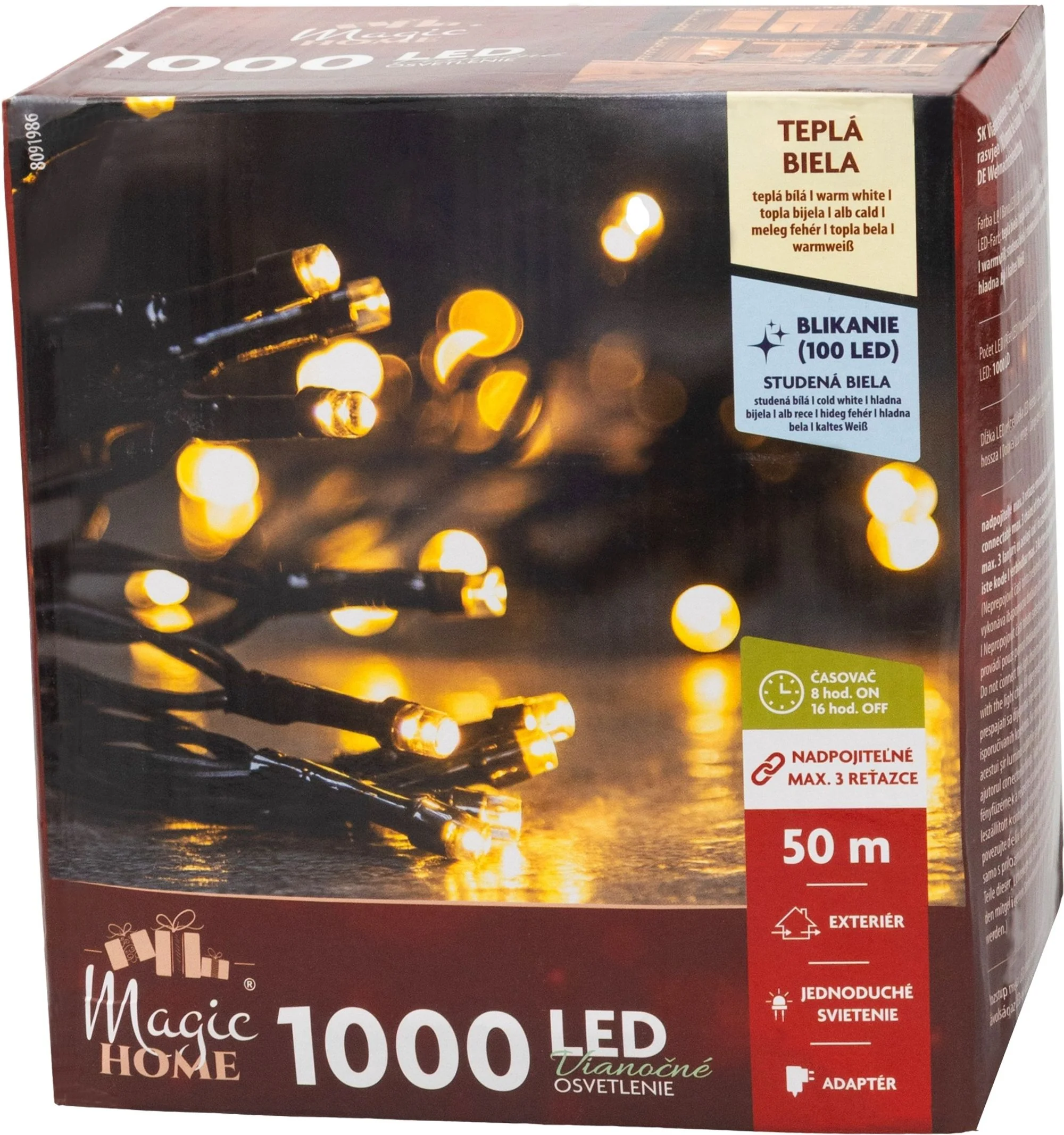 MagicHome vianočná LED reťaz, 1 ks Časovač, 1000 LED, teplá biela, 10 funkcií, 50 m, IP44