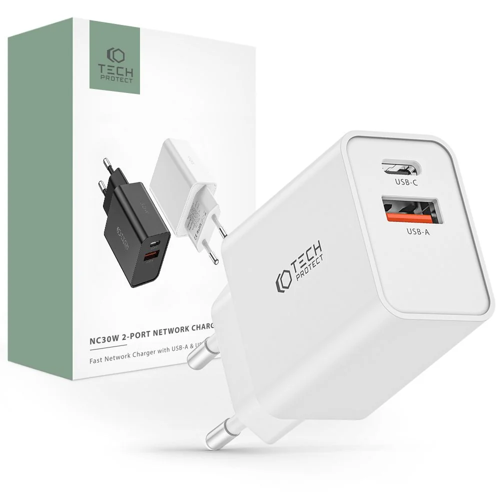 Tech-Protect 2-port sieťová nabíjačka USB / USB-C 30W QC, biela 