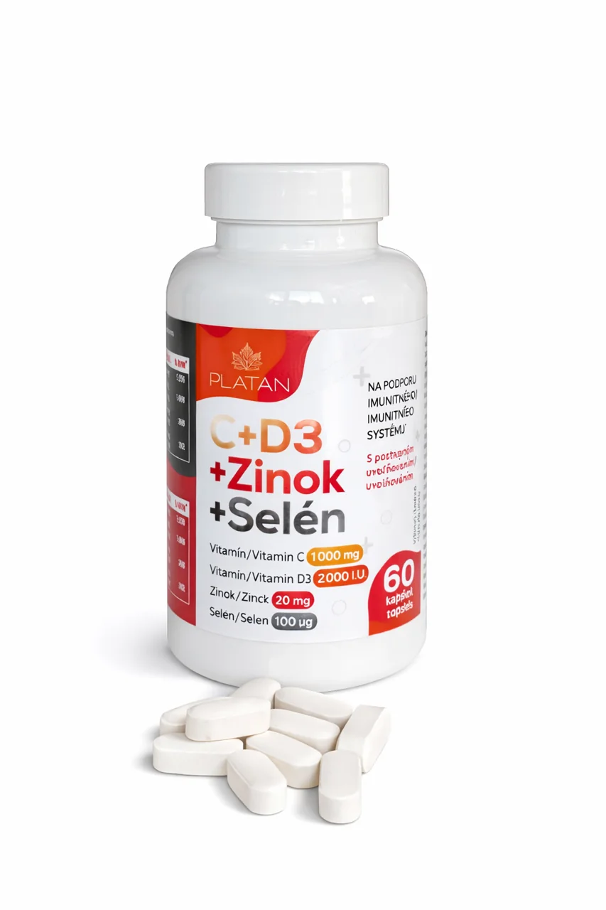 PLATAN Vitamín C+D+Zinok+Selén 60 tabliet Vitamín C-1000mg + Vitamín D 2000 IU + Zinok 20mg + Selén 100 µg