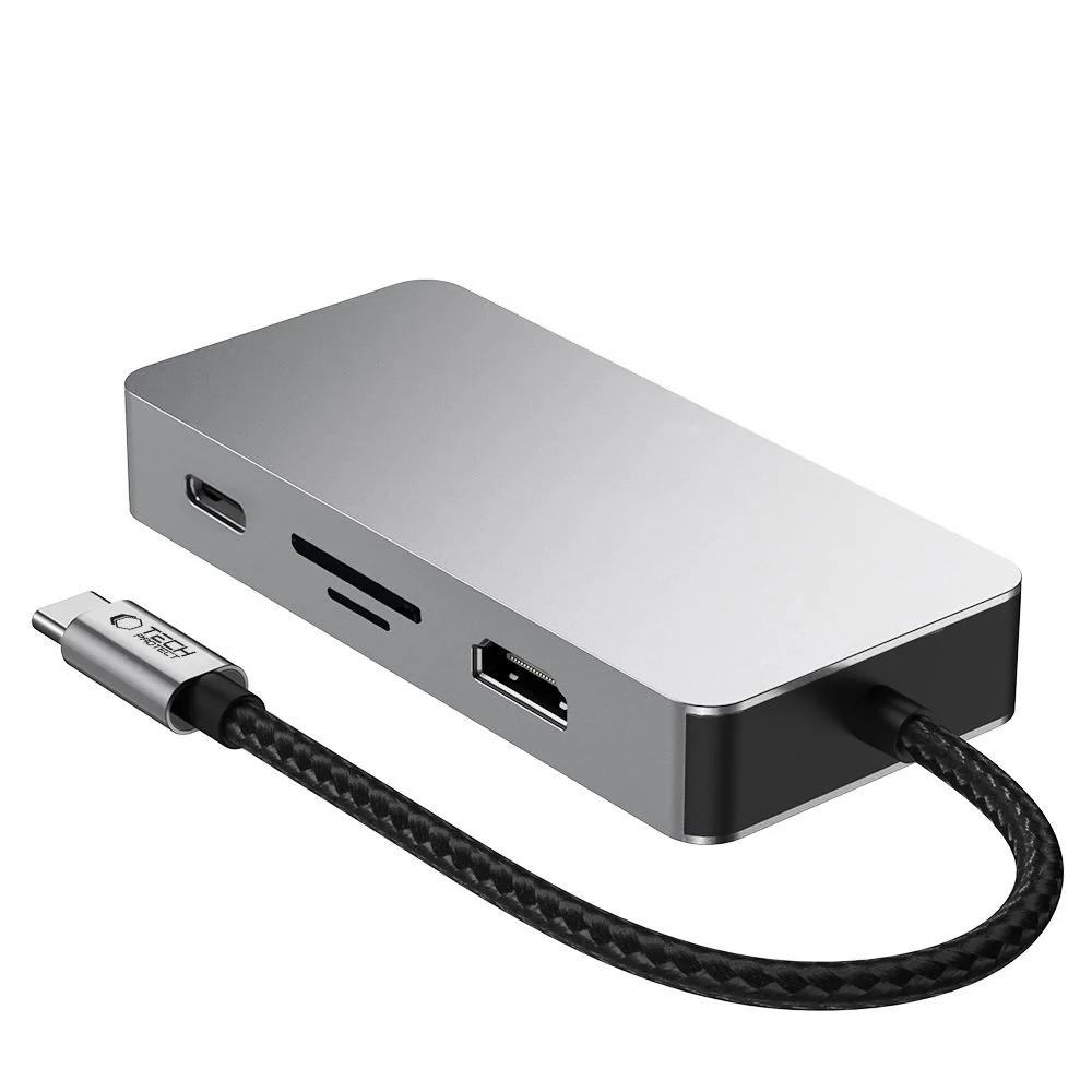Tech-Protect HB05 HUB adaptér USB-C - 3x USB / HDMI 4K / SD / TF / USB-C 100W / RJ45, šedý -C 100W / RJ45, šedý