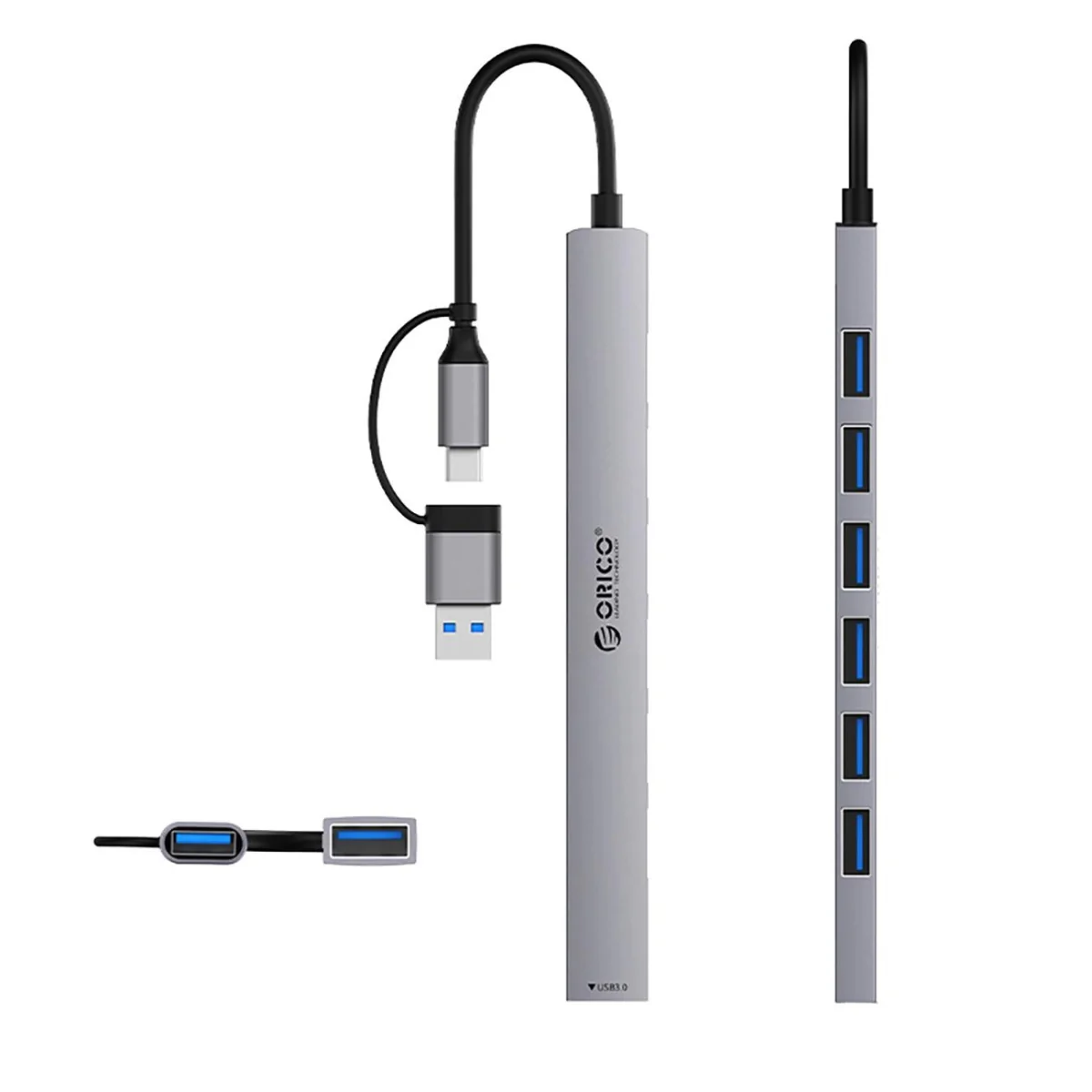 Orico YSA2-U3 HUB adaptér USB / USB-C - USB 3.0 / 6x USB 2.0, šedý