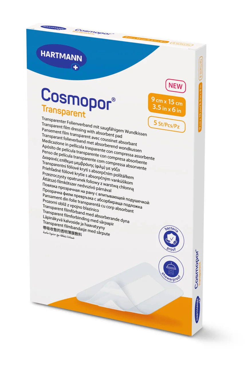 Cosmopor transparent 9x15cm sterilný P5 1×5 ks, samolepiaci obväz