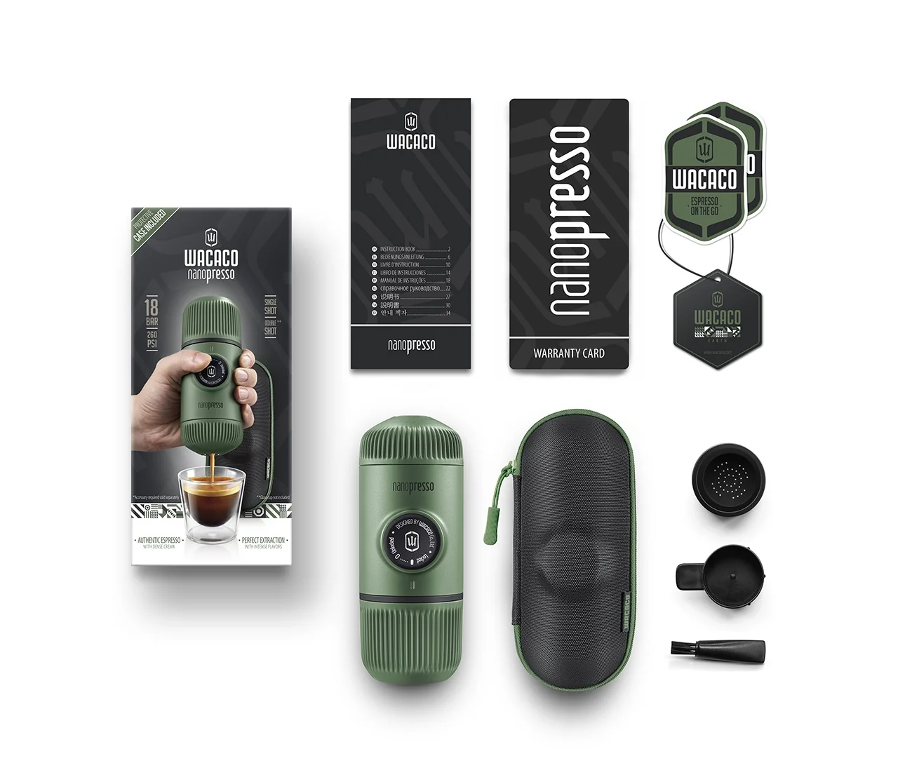 Nanopresso Moss Green + pevný obal Cestovný kávovar