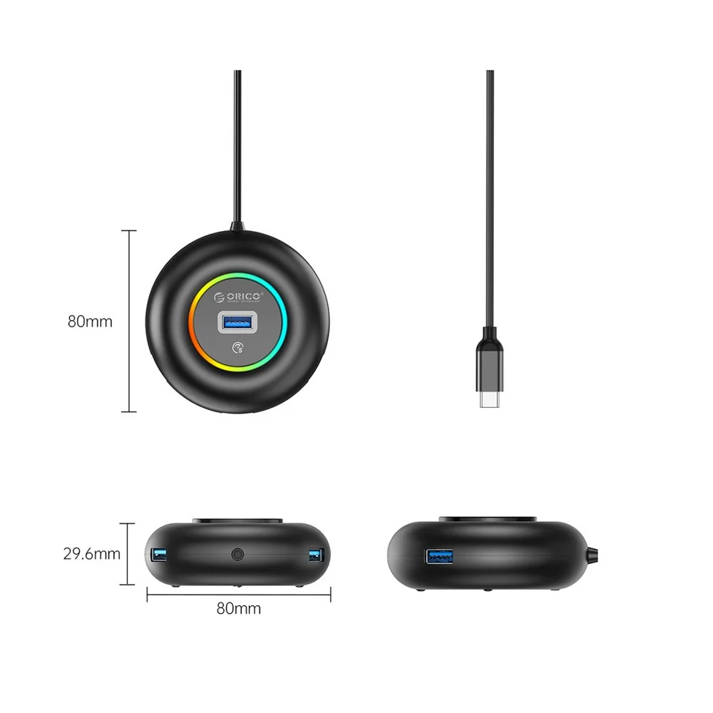 Orico YXR4-C3 HUB adaptér USB-C - 3x USB 3.0 / 3.5mm jack 0.3m, čierny