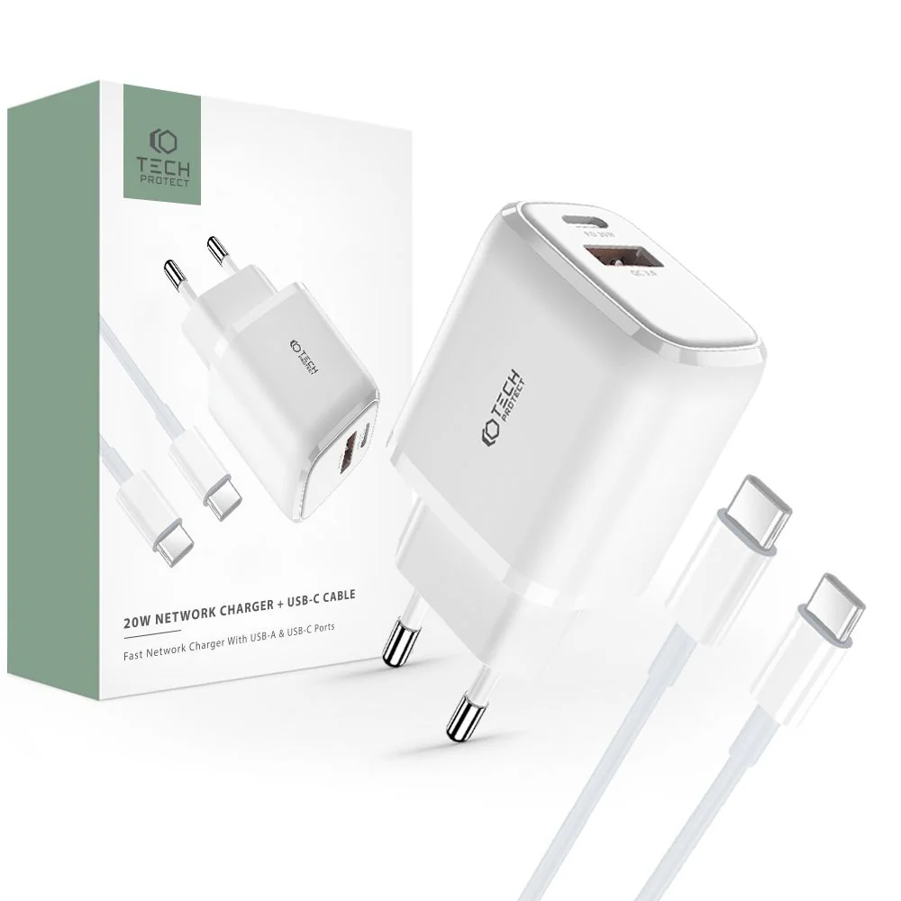 Tech-Protect C20W sieťová nabíjačka USB / USB-C 20W QC PD + kábel USB-C, biela C, biela