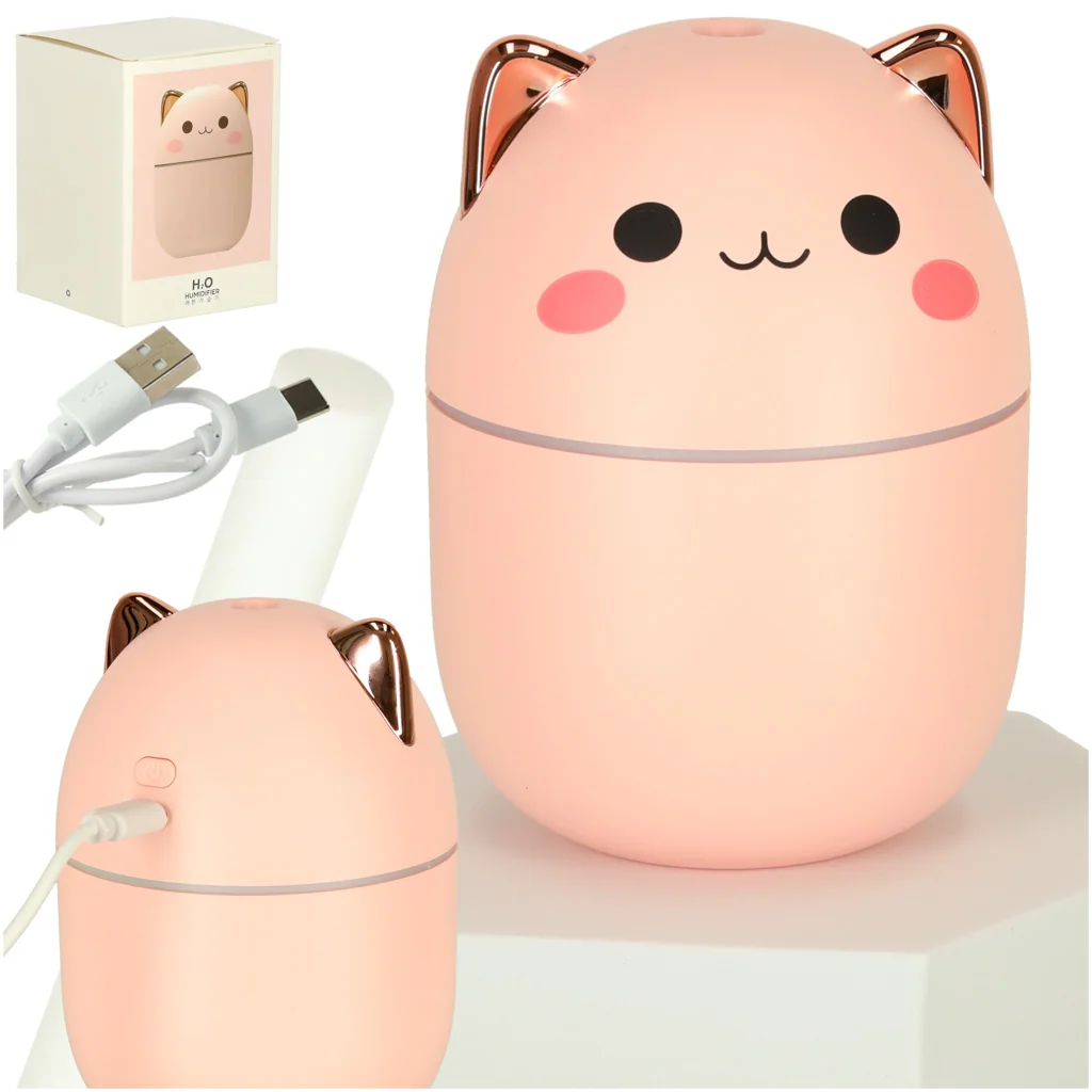 Zvlhčovač vzduchu „Kitty“ ružový – 250 ml, USB, 2 režimy hmly, RGB podsvietenie