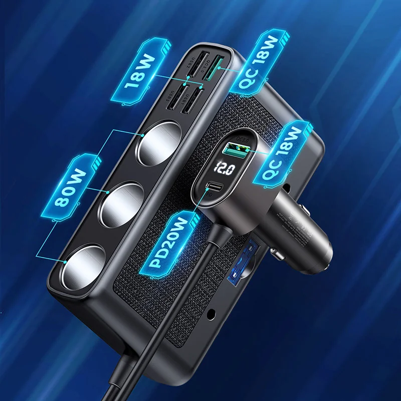 Joyroom Laptop autonabíjačka 154W - 5x USB / 1x USB-C / 3x Splitter, čierna ierna