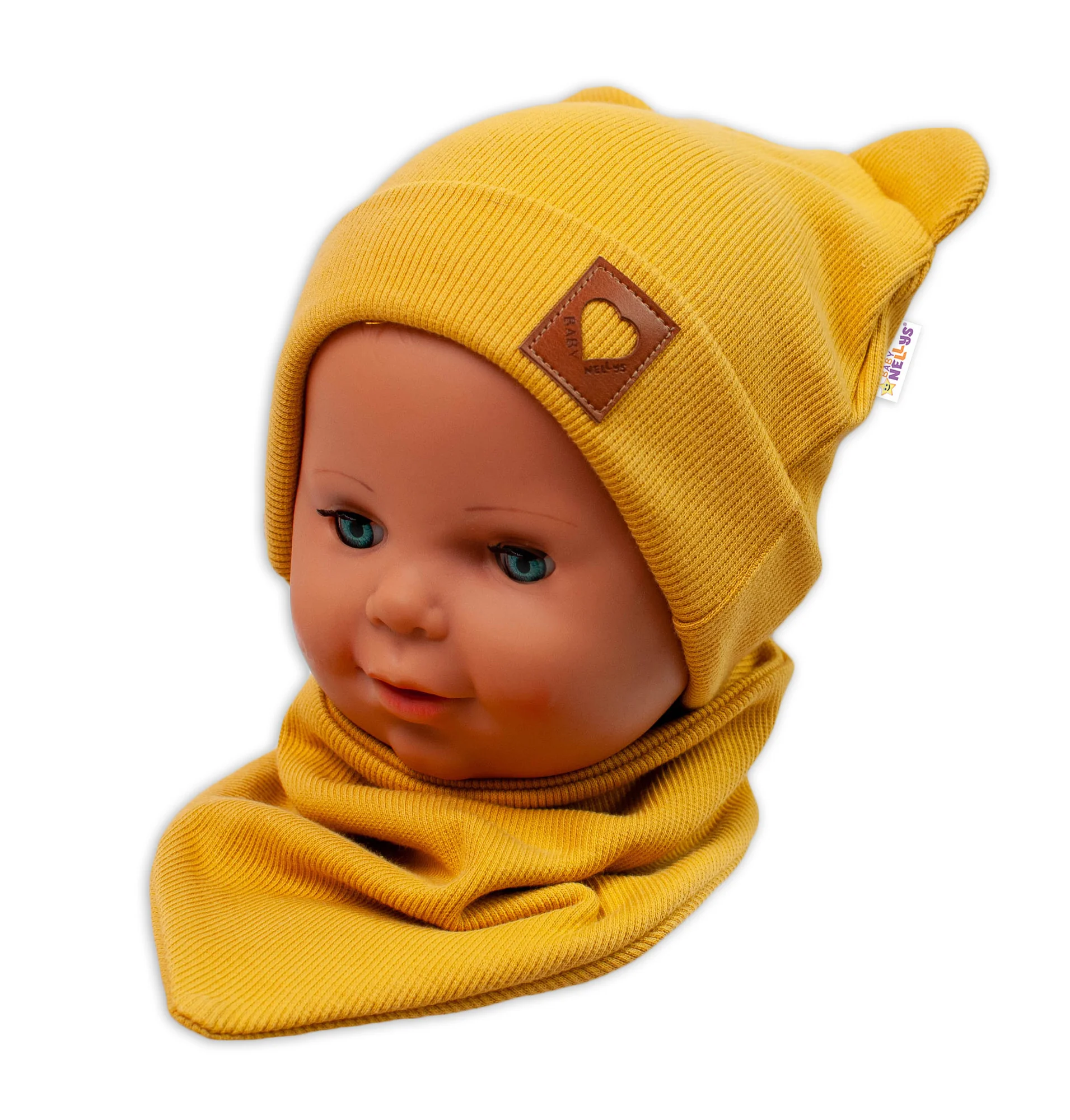 Baby Nellys Rebrovaná dvojvrstvová čiapka s uškami + šatka TEDDY - horčicová, 80/86