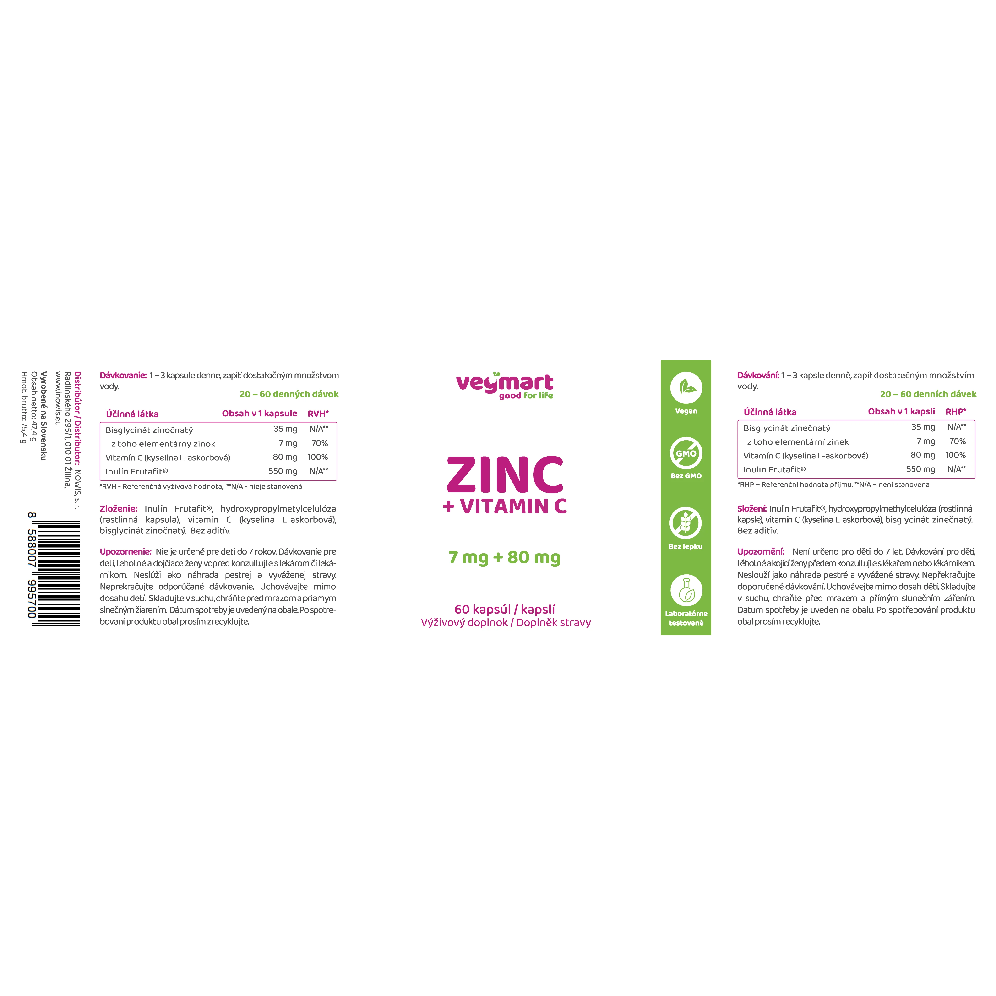 Vegmart Vitamín C 80 mg a Zinok bisglycinát 35 mg, 60 kapsúl