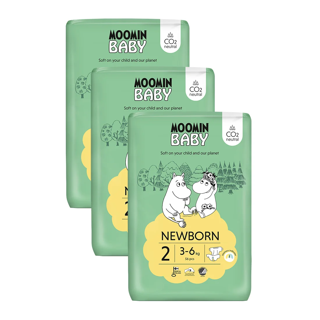 Moomin Baby 2 Newborn 3–6 kg, mesačné balenie eko plienok 1×168 ks, eko plienky