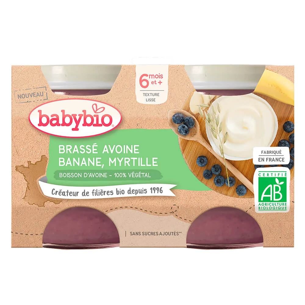 BABYBIO Brassé z ovseného mlieka banán čučoriedka 2x130 g 2×130 g, mliečny príkrm od 6 mesiacov